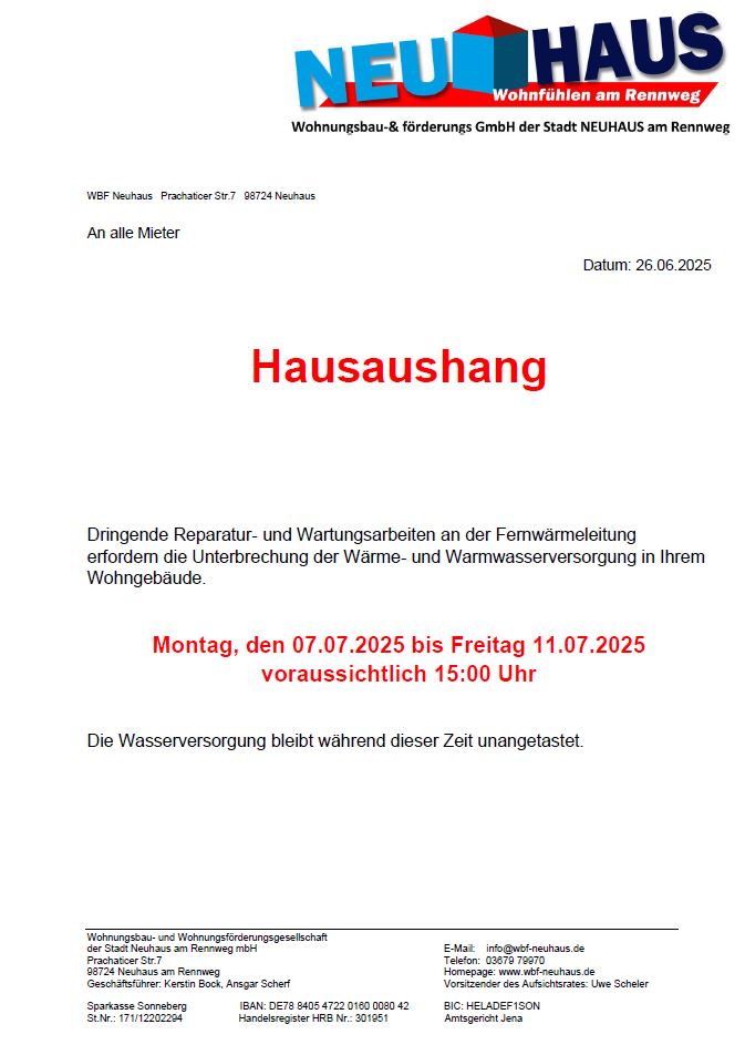 26.06.2025 - Unterbrechung der Fernwärmeversorgung 